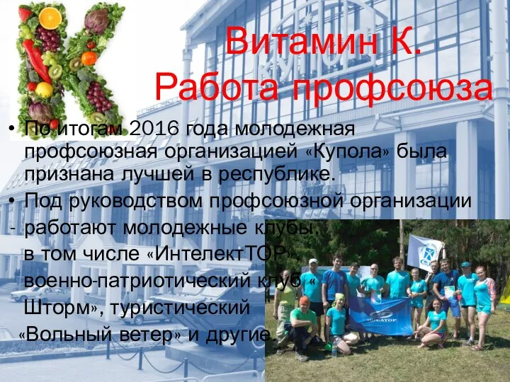 Витамин К. Работа профсоюза По итогам 2016 года молодежная профсоюзная организацией «Купола»
