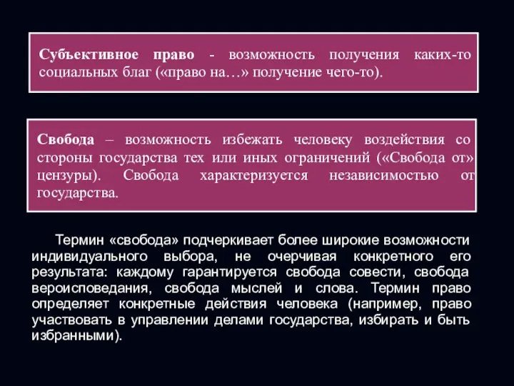 Субъективное право - возможность получения каких-то социальных благ («право на…» получение чего-то).