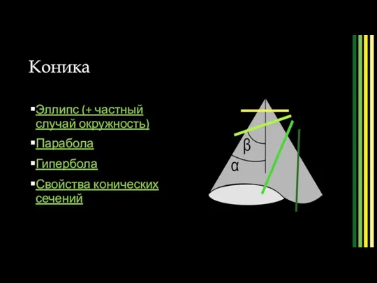 Коника Эллипс (+ частный случай окружность) Парабола Гипербола Свойства конических сечений