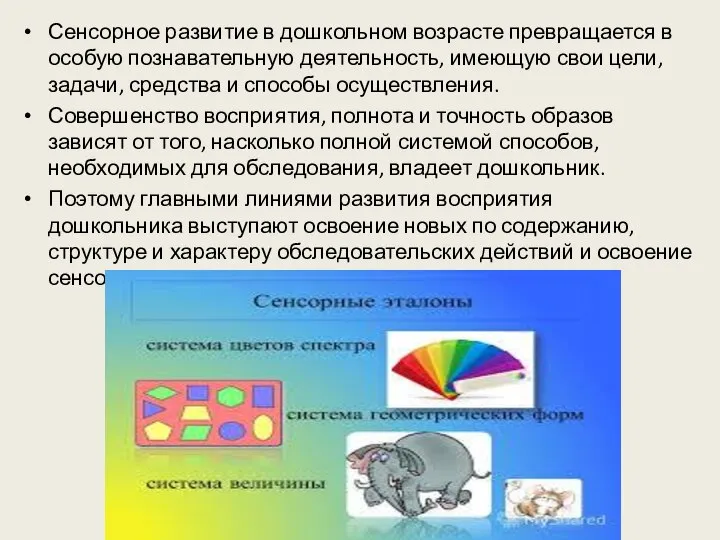 Сенсорное развитие в дошкольном возрасте превращается в особую познавательную деятельность, имеющую свои