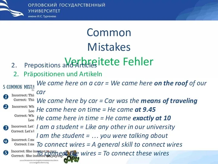 First PhD English Exam Erste PhD Deutschprüfung Common Mistakes Verbreitete Fehler Prepositions