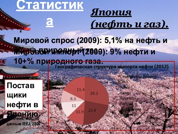 Статистика Япония (нефть и газ). Источник: ИЭС по данным IEEJ, 2009 Поставщики