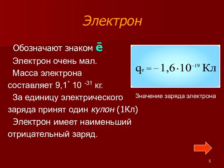 Электрон Обозначают знаком ē Электрон очень мал. Масса электрона составляет 9,1* 10