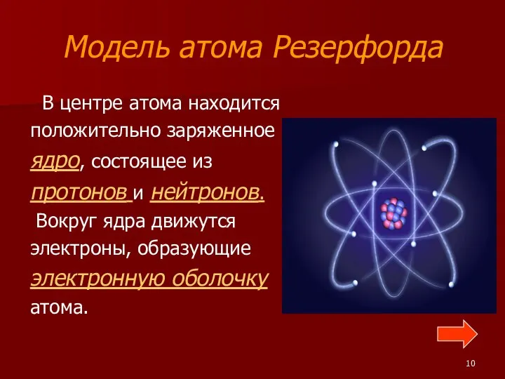 Модель атома Резерфорда В центре атома находится положительно заряженное ядро, состоящее из