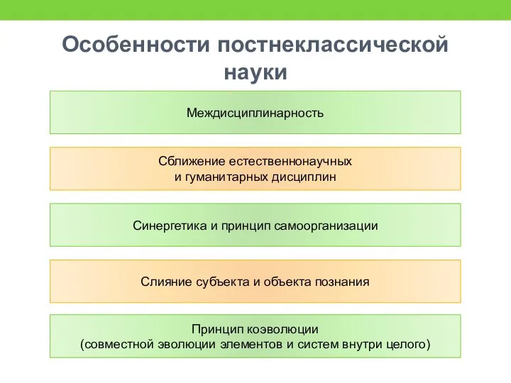 Особенности постнеклассической науки Междисциплинарность Сближение естественнонаучных и гуманитарных дисциплин Слияние субъекта и