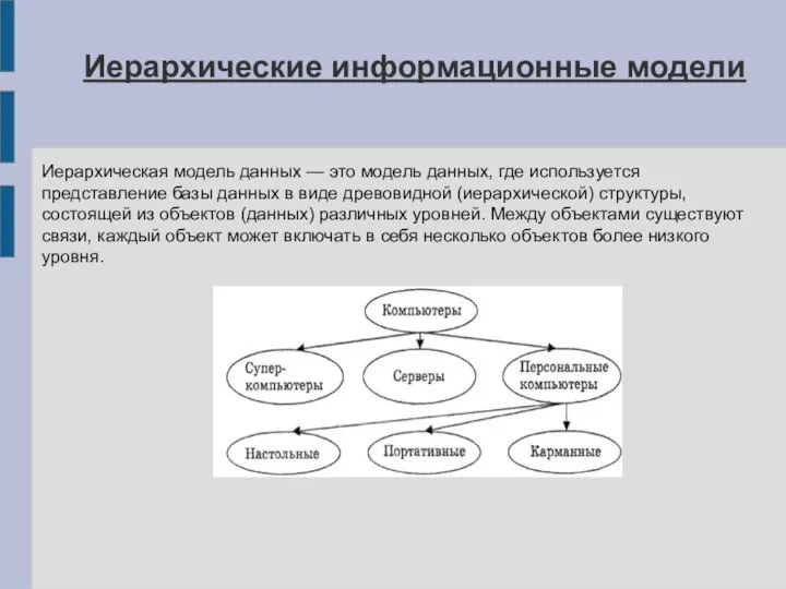 Иерархические информационные модели Иерархическая модель данных — это модель данных, где используется