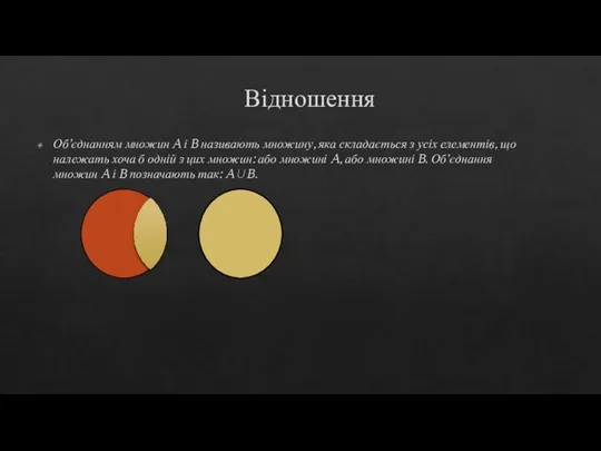 Відношення Об’єднанням множин A і B називають множину, яка складається з усіх