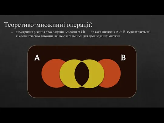 Теоретико-множинні операції: симетрична різниця двох заданих множин A і B — це