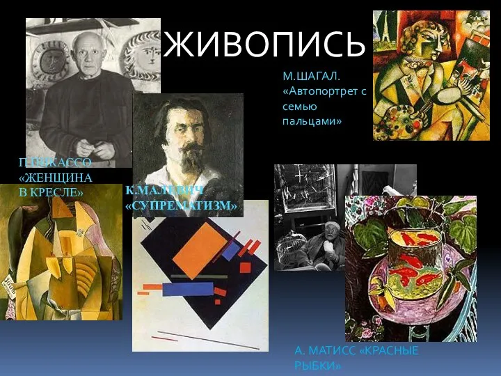 ЖИВОПИСЬ П.ПИКАССО «ЖЕНЩИНА В КРЕСЛЕ» К.МАЛЕВИЧ «СУПРЕМАТИЗМ» А. МАТИСС «КРАСНЫЕ РЫБКИ» М.ШАГАЛ. «Автопортрет с семью пальцами»