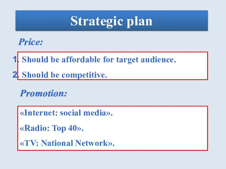 Strategic plan Price: Should be affordable for target audience. Should be competitive.