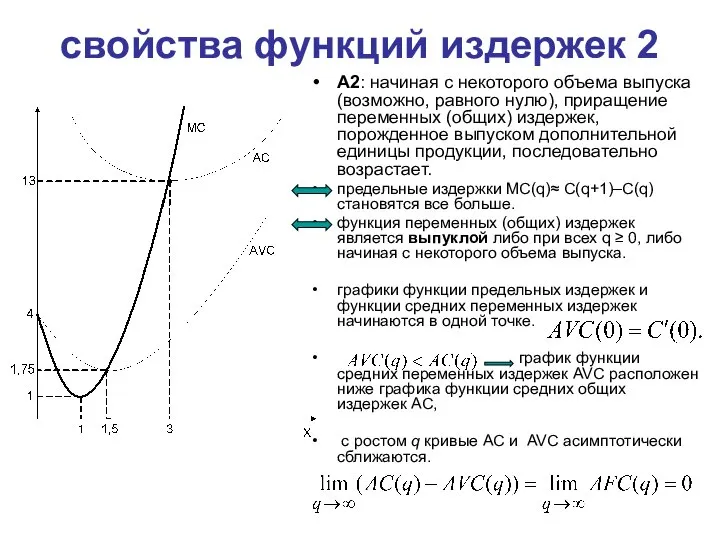 свойства функций издержек 2 A2: начиная с некоторого объема выпуска (возможно, равного