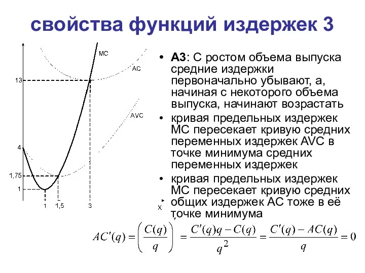 свойства функций издержек 3 A3: C ростом объема выпуска средние издержки первоначально