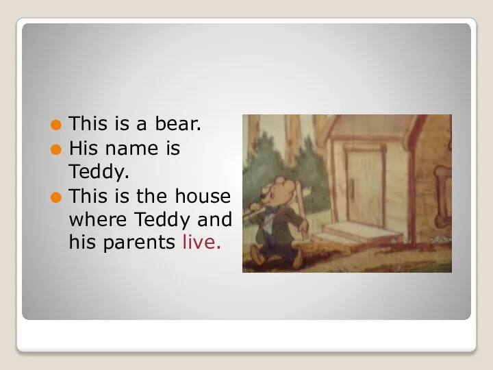 This is a bear. His name is Teddy. This is the house