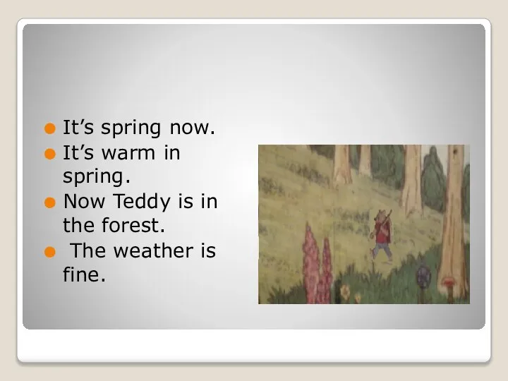 It’s spring now. It’s warm in spring. Now Teddy is in the