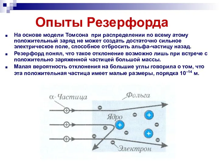 Опыты Резерфорда На основе модели Томсона при распределении по всему атому положительный