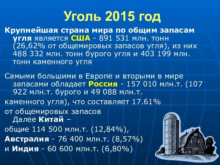 Уголь 2015 год Крупнейшая страна мира по общим запасам угля является США