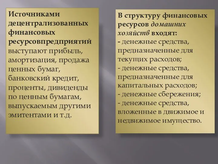 Источниками децентрализованных финансовых ресурсовпредприятий выступают прибыль, амортизация, продажа ценных бумаг, банковский кредит,