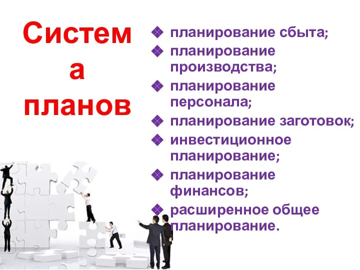 Система планов планирование сбыта; планирование производства; планирование персонала; планирование заготовок; инвестиционное планирование;