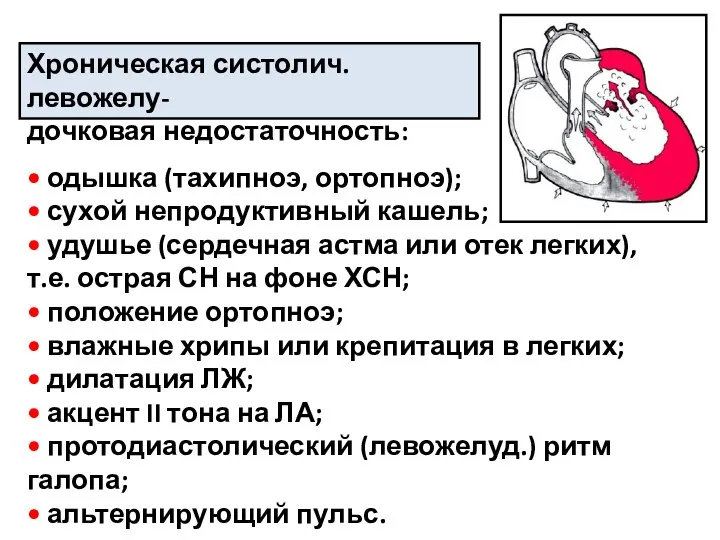 Хроническая систолич. левожелу- дочковая недостаточность: • одышка (тахипноэ, ортопноэ); • сухой непродуктивный