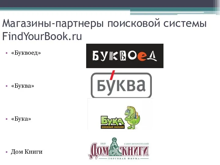 Магазины-партнеры поисковой системы FindYourBook.ru «Буквоед» «Буква» «Бука» Дом Книги