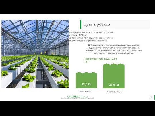 Суть проекта Расширение тепличного комплекса общей площадью 22,6 га: на данный момент