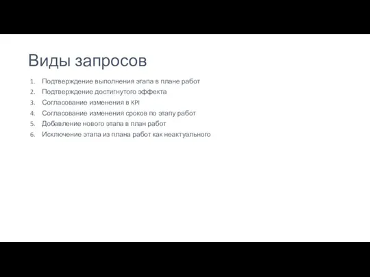 Виды запросов Подтверждение выполнения этапа в плане работ Подтверждение достигнутого эффекта Согласование