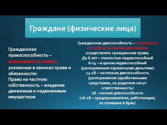 Граждане (физические лица) Гражданская правоспособность – возможность иметь указанные в законах права