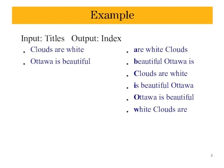 Example ● ● Clouds are white Ottawa is beautiful Input: Titles Output: