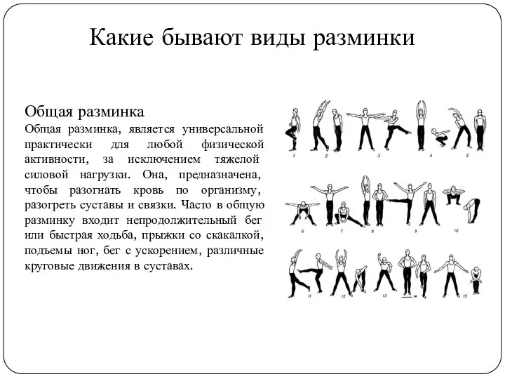 Общая разминка Общая разминка, является универсальной практически для любой физической активности, за