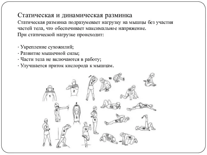 Статическая и динамическая разминка Статическая разминка подразумевает нагрузку на мышцы без участия