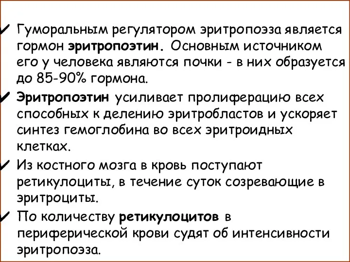 Гуморальным регулятором эритропоэза является гормон эритропоэтин. Основным источником его у человека являются