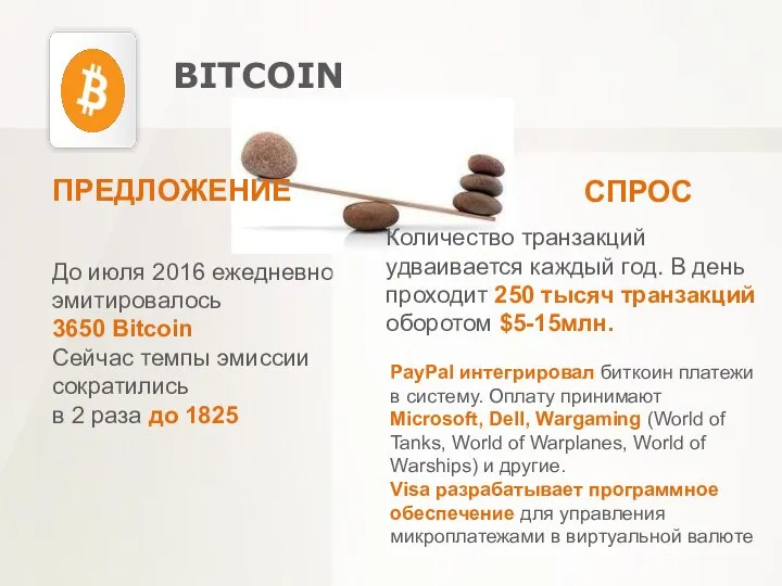 BITCOIN До июля 2016 ежедневно эмитировалось 3650 Bitcoin Сейчас темпы эмиссии сократились