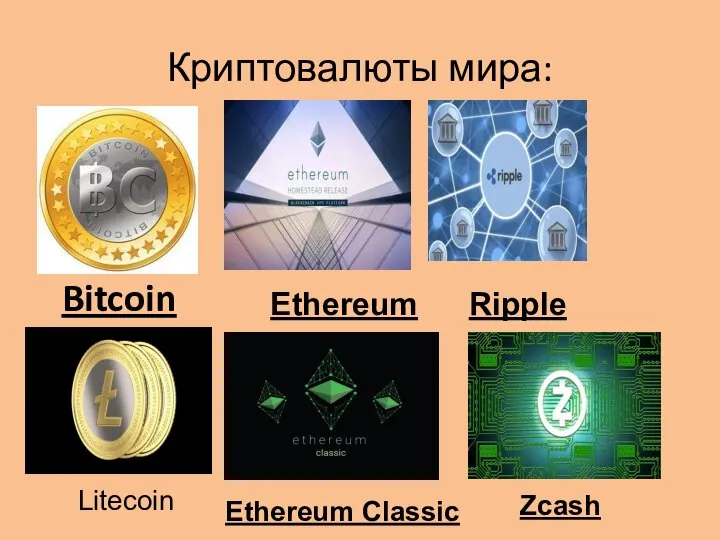 Криптовалюты мира: Bitcoin Ethereum Ripple Litecoin Ethereum Classic Zcash