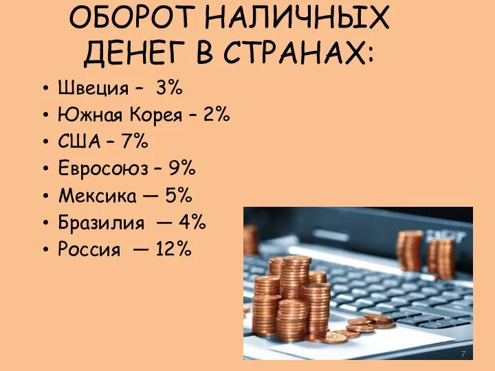 ОБОРОТ НАЛИЧНЫХ ДЕНЕГ В СТРАНАХ: Швеция – 3% Южная Корея – 2%