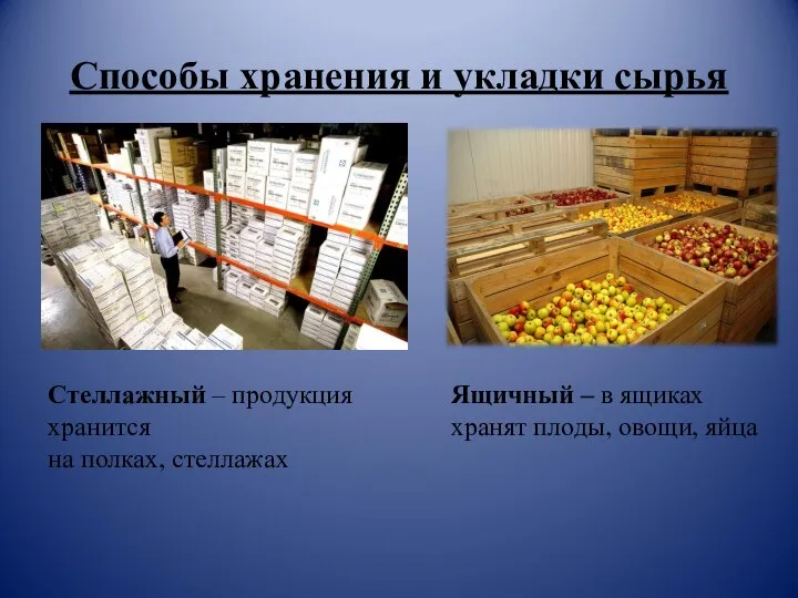 Способы хранения и укладки сырья Стеллажный – продукция хранится на полках, стеллажах