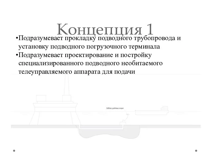 Концепция 1 Подразумевает прокладку подводного трубопровода и установку подводного погрузочного терминала Подразумевает