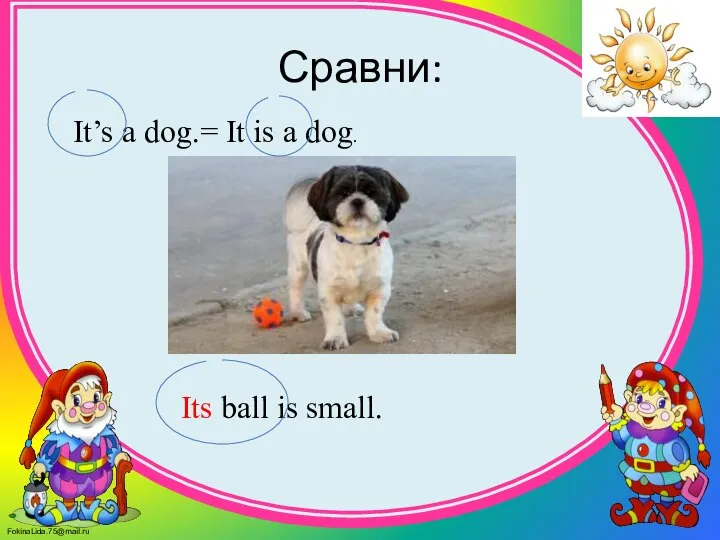 Сравни: It’s a dog.= It is a dog. Its ball is small.