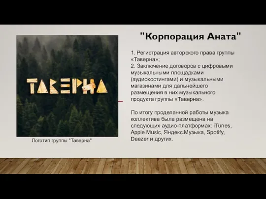 1. Регистрация авторского права группы «Таверна»; 2. Заключение договоров с цифровыми музыкальными