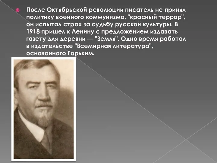 После Октябрьской революции писатель не принял политику военного коммунизма, "красный террор", он