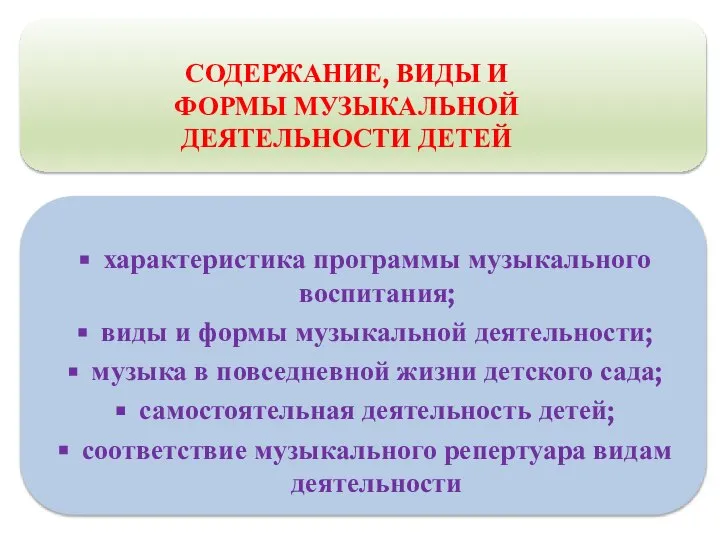 характеристика программы музыкального воспитания; виды и формы музыкальной деятельности; музыка в повседневной