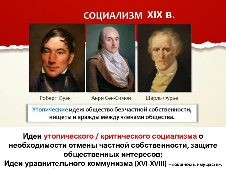 Идеи утопического / критического социализма о необходимости отмены частной собственности, защите общественных