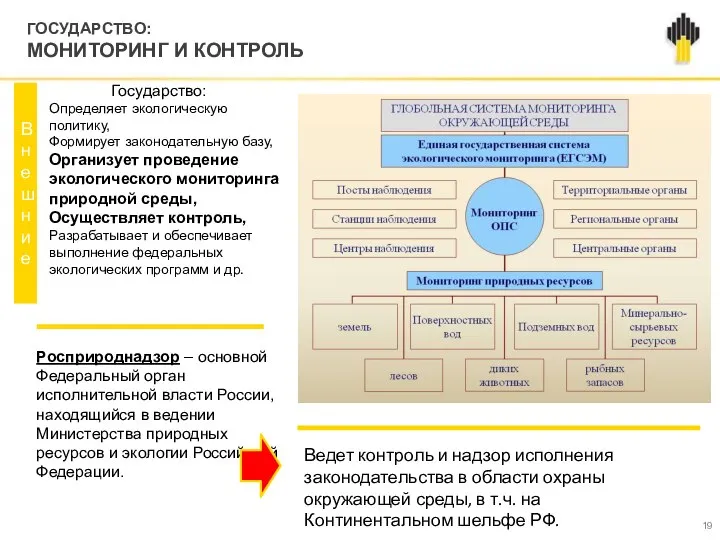 ГОСУДАРСТВО: МОНИТОРИНГ И КОНТРОЛЬ Государство: Определяет экологическую политику, Формирует законодательную базу, Организует