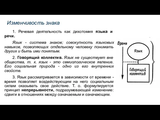 Изменчивость знака 1. Речевая деятельность как дихотомия языка и речи. Язык -