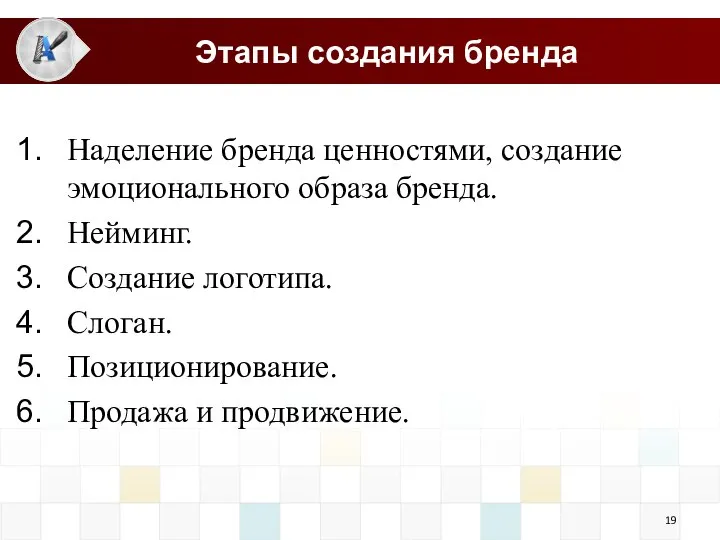 Этапы создания бренда Наделение бренда ценностями, создание эмоционального образа бренда. Нейминг. Создание