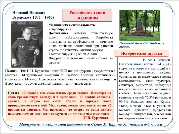 Российские гении медицины Николай Нилович Бурденко ( 1876 – 1946) Медицинская специальность: