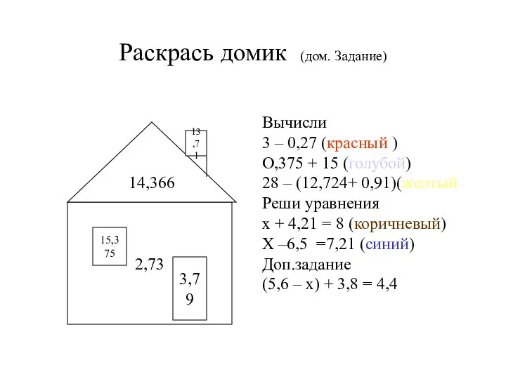 Раскрась домик (дом. Задание) Вычисли 3 – 0,27 (красный ) О,375 +