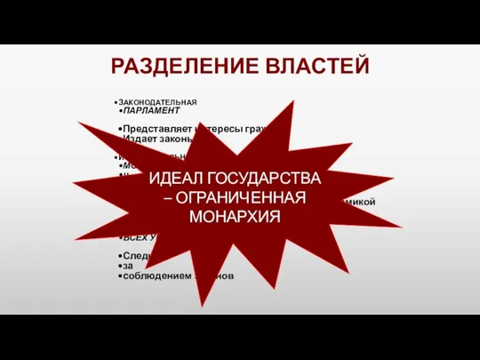 ЗАКОНОДАТЕЛЬНАЯ ПАРЛАМЕНТ Представляет интересы граждан. Издает законы. ИСПОЛНИТЕЛЬНАЯ МОНАРХ и МИНИСТРЫ Управляет