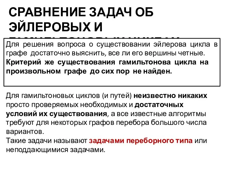 СРАВНЕНИЕ ЗАДАЧ ОБ ЭЙЛЕРОВЫХ И ГАМИЛЬТОНОВЫХ ЦИКЛАХ Для решения вопроса о существовании