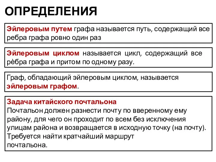 ОПРЕДЕЛЕНИЯ Эйлеровым путем графа называется путь, содержащий все ребра графа ровно один