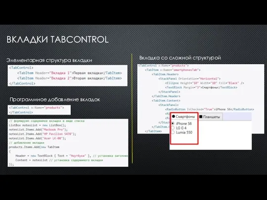 ВКЛАДКИ TABCONTROL Вкладка со сложной структурой Программное добавление вкладок Элементарная структура вкладки